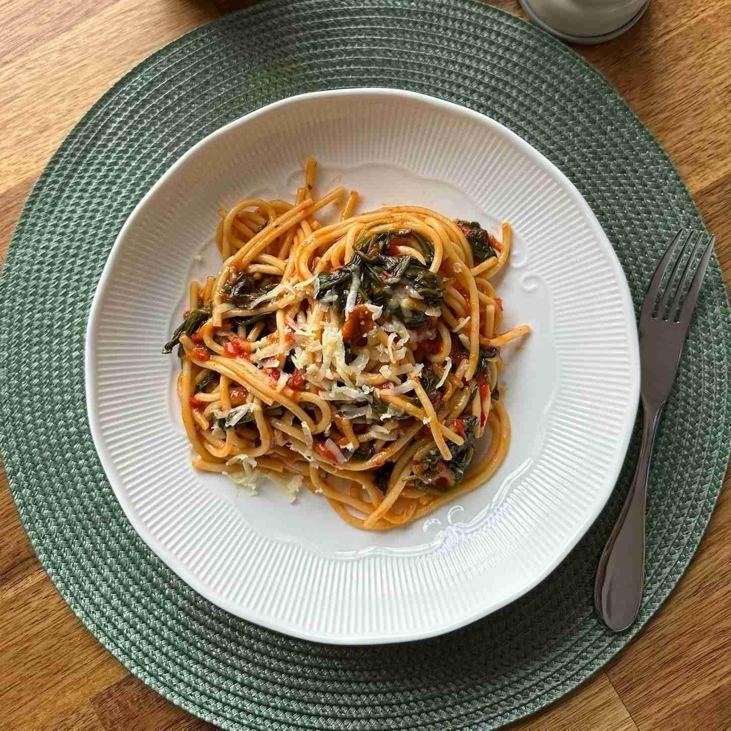 Spaghetti with Eggplant & Spinach