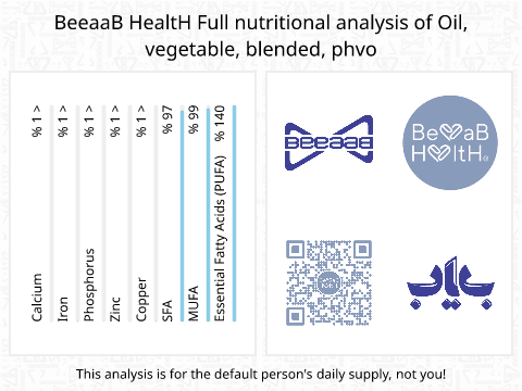 BeeaaB HealtH nutritional analysis of Oil, vegetable, blended, phvo