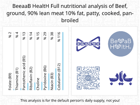 BeeaaB HealtH nutritional analysis of Beef, ground, 90% lean meat 10% fat, patty, cooked, pan-broiled