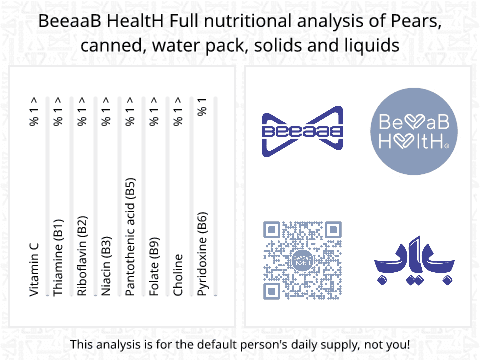 BeeaaB HealtH nutritional analysis of Pears, canned, water pack, solids and liquids