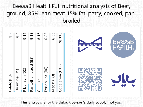 BeeaaB HealtH nutritional analysis of Beef, ground, 85% lean meat 15% fat, patty, cooked, pan-broiled