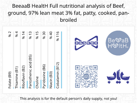 BeeaaB HealtH nutritional analysis of Beef, ground, 97% lean meat  3% fat, patty, cooked, pan-broiled