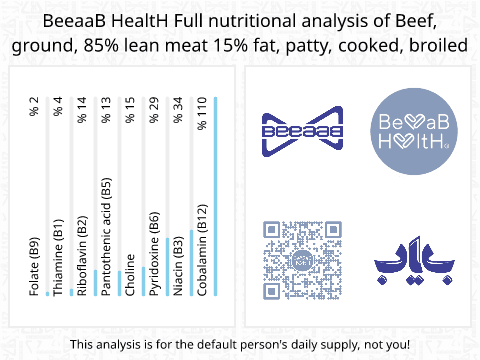 BeeaaB HealtH nutritional analysis of Beef, ground, 85% lean meat 15% fat, patty, cooked, broiled