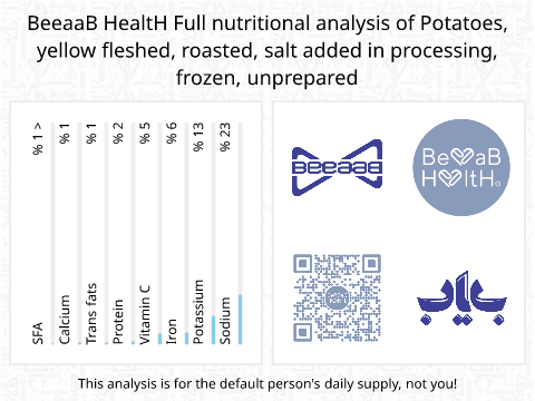 BeeaaB HealtH nutritional analysis of Potatoes, yellow fleshed, roasted, salt added in processing, frozen, unprepared