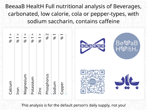 BeeaaB HealtH nutritional analysis of Beverages, carbonated, low calorie, cola or pepper-types, with sodium saccharin, contains caffeine