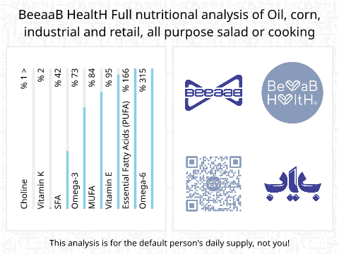 BeeaaB HealtH nutritional analysis of Oil, corn, industrial and retail, all purpose salad or cooking